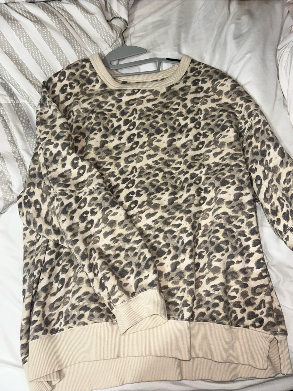 aerie Leopard Print Crewneck Sweater in Cream and Taupe